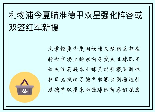 利物浦今夏瞄准德甲双星强化阵容或双签红军新援