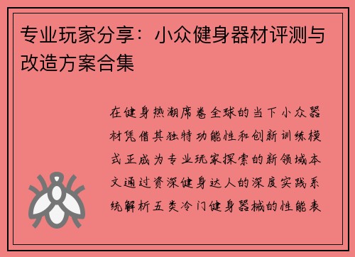 专业玩家分享：小众健身器材评测与改造方案合集